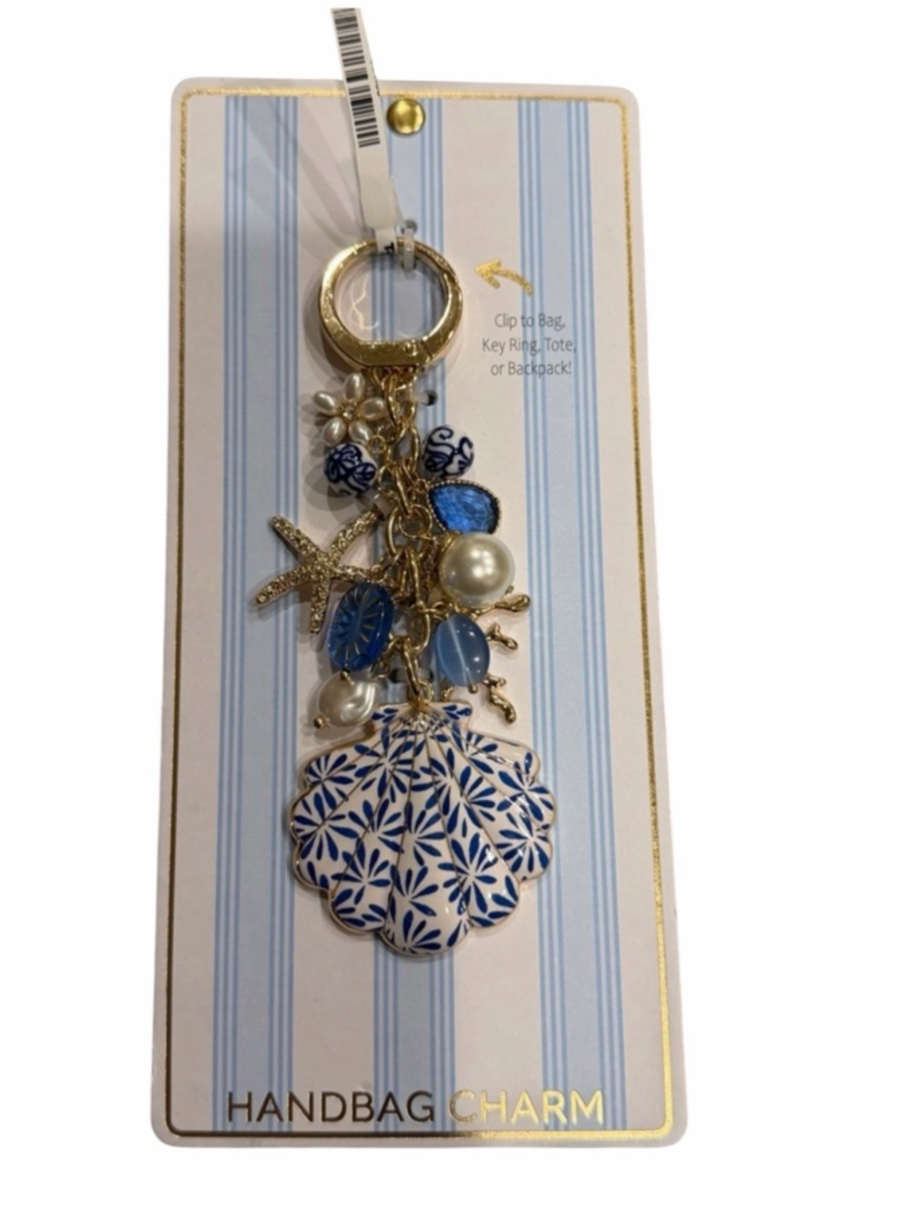 Blue & white Handbag Charm with Gold Accents shell and starfish